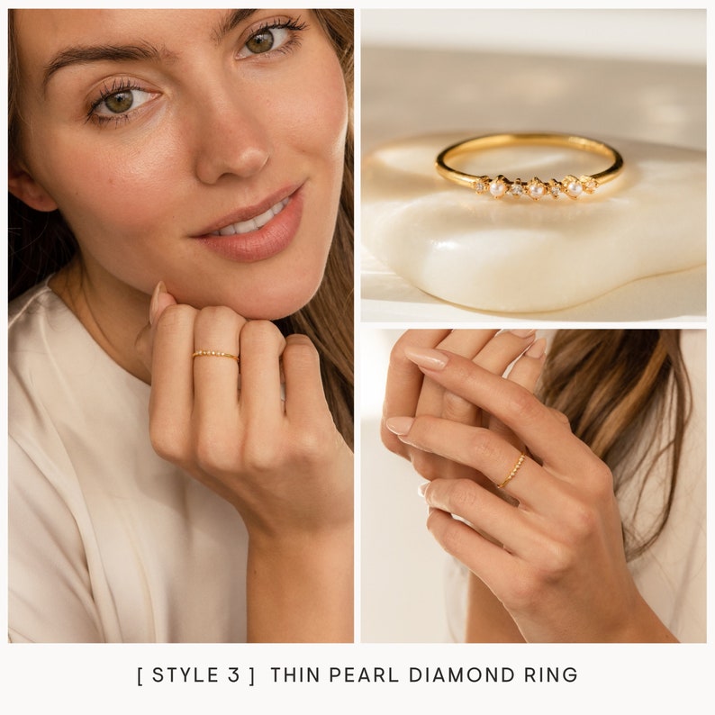 Pearl Diamond Stacking Rings by Caitlyn Minimalist Dainty Gold Pearl Rings Diamond Stackable Rings Set Maid of Honor Gift for Her 3-THIN PEARL-GOLD