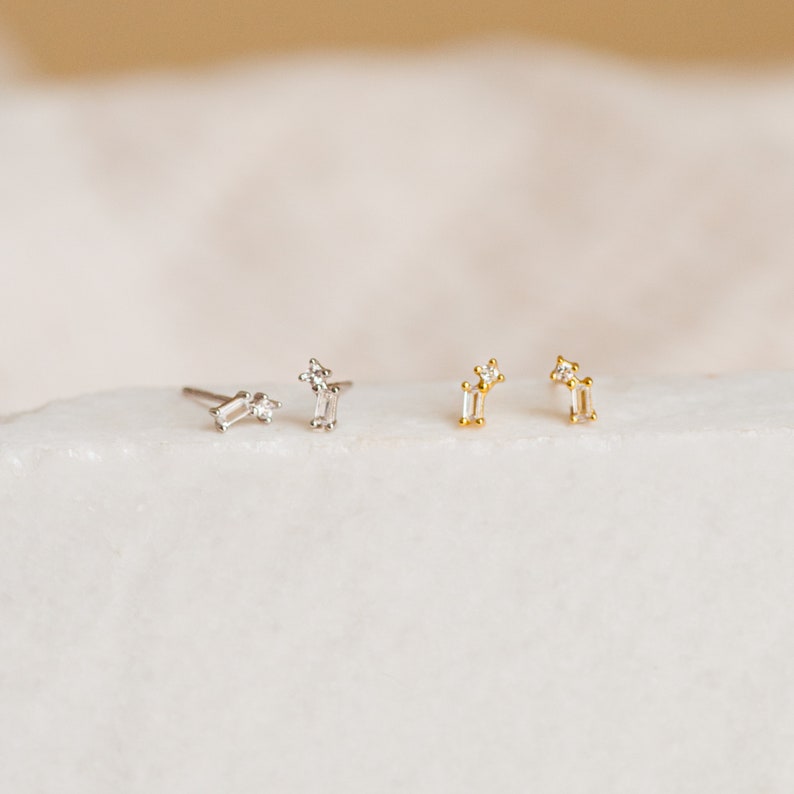 Baguette Diamond Drop Earrings by Caitlyn Minimalist Dainty Diamond Earrings Minimalist Earrings in Gold & Silver Gift for Mom ER260 STERLING SILVER