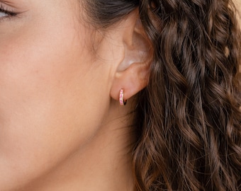 Pink Opal Inlay Huggies by CaitlynMinimalist • Dainty Magenta Pink Hoop Earrings • Everyday Cartilage Hoops • Dainty Gift For Her • ER212