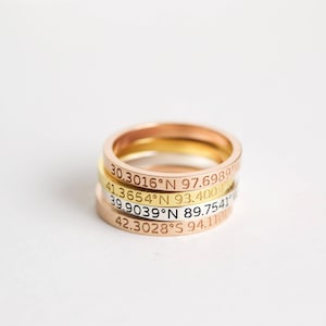May include: A stack of four thin metal rings in rose gold, yellow gold, and silver tones. Each ring features engraved geographic coordinate text on the outer surface, including 30.3016 N 97.6989 W, 41.3654 N 93.4004 W, 39.9039 N 89.7541 W, and 42.3028 S 94.1101 W.