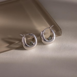 Bold Teardrop Hoop Earrings By Caitlyn Minimalist • Chunky Dome Huggie Earrings • Statement Jewelry • Girlfriend Gift • ER742 WHITE GOLD
