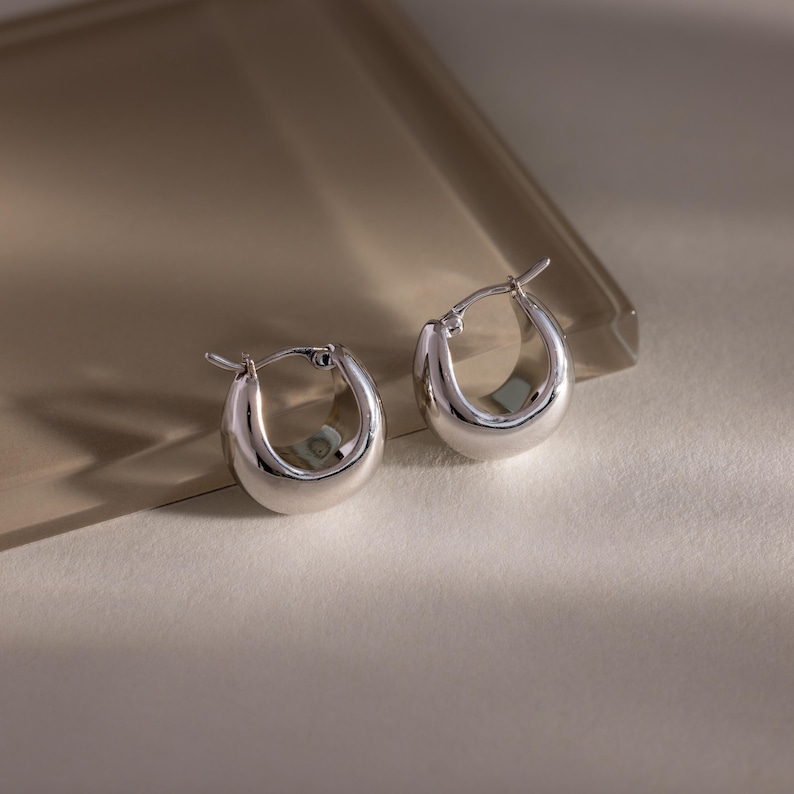Bold Teardrop Hoop Earrings By Caitlyn Minimalist • Chunky Dome Huggie Earrings • Statement Jewelry • Girlfriend Gift • ER742 WHITE GOLD