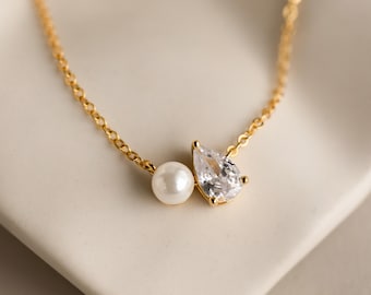 Pearl & Diamond Necklace by Caitlyn Minimalist • Toi et Moi Diamond Teardrop Charm Necklace • Birthstone Jewelry • Anniversary Gift • NR285