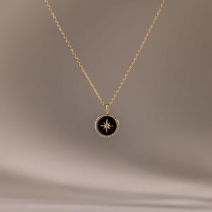 Onyx Star Necklace by Caitlyn Minimalist • Black Disc Pendant Necklace • Dainty North Star Charm • Celestial Jewelry • Mom Gift • NR325