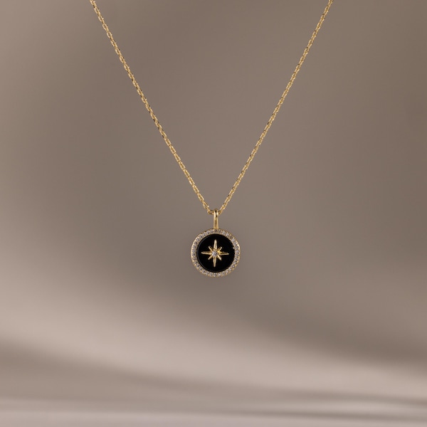 Onyx Star Necklace by Caitlyn Minimalist • Black Disc Pendant Necklace • Dainty North Star Charm • Celestial Jewelry • Mom Gift • NR325