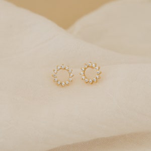 Diamond Sun Earrings by Caitlyn Minimalist Geometric Crystal Earrings Open Circle Diamond Stud Earrings Bridal Jewelry ER199 image 2