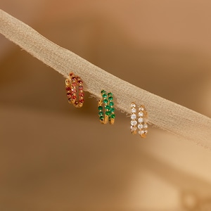 Inside Out Gemstone Hoop Earrings by Caitlyn Minimalist • Beaded Huggie Earrings in Garnet, Emerald & Diamond • Perfect Gift for Her