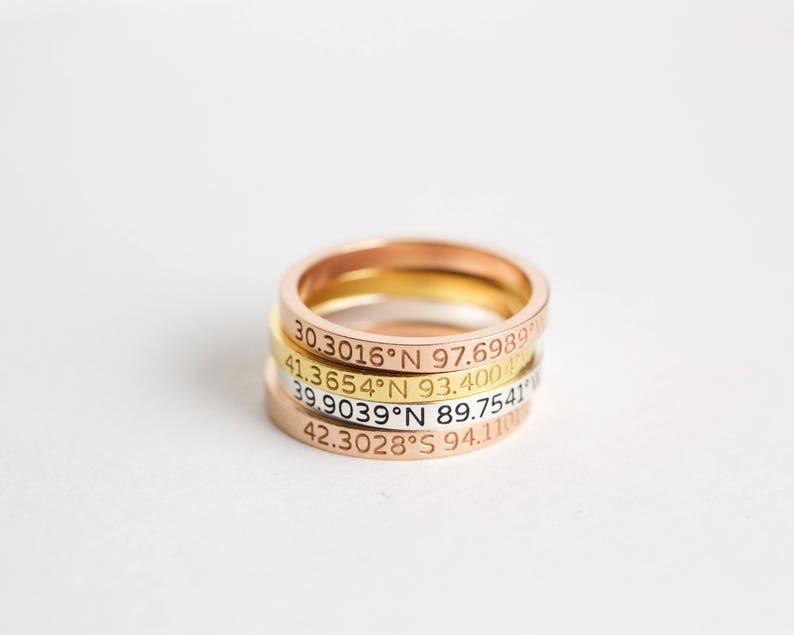 Custom Location Coordinates Ring Dainty Coordinates Stackable Band Latitude Longitude Ring Personalized GPS Location Jewelry RM22F30 image 1