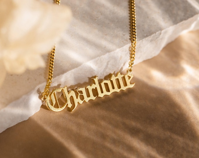 Old English Name Necklace by Caitlyn Minimalist • Gothic Choker Necklace with Bold Cuban Chain • Layering Necklace • Husband Gift • NH65F69