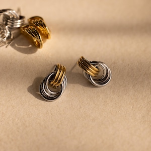 Mini Double Hoop Earrings by CaitlynMinimalist • Dangling Knot Stud Earrings • Statement Jewelry • Mixed Metal Jewelry • Sister Gift • ER486