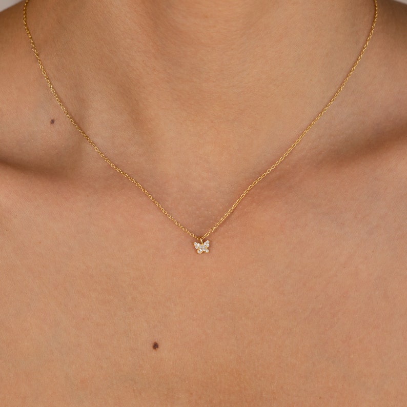 Dainty Crystal Butterfly Necklace by Caitlyn Minimalist Pave Diamond Charm Necklace for Layering in Gold & Silver Birthday Gift NR094 18K GOLD