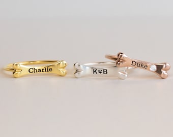 Custom Dog Bone Charm Ring by Caitlyn Minimalist • Engraved Pet Name Memorial Ring with Dainty Gemstone • Pet Lover Gift • RM81F31