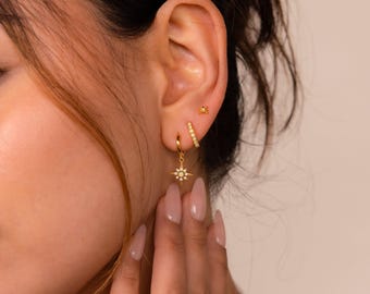 Opal Starburst Earring Set by Caitlyn Minimalist • Star Charm Stacking Hoop Earrings • Boho Opal Jewelry • Best Friend Gift • ER425