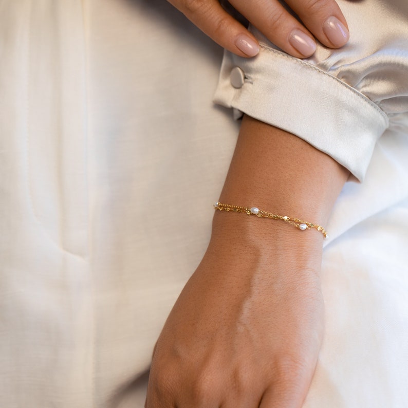 Beaded Pearl Wrap Bracelet in Gold & Silver by Caitlyn Minimalist Dainty Pearl Charm Duo Beaded Bracelet Perfect Gift for Mom BR029 18K GOLD