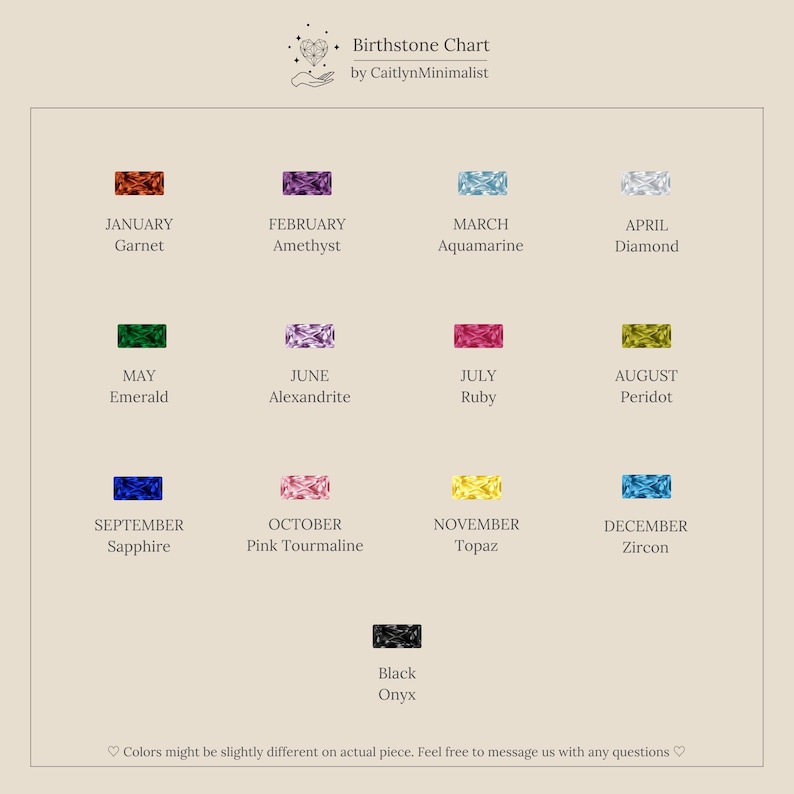 May include: A birthstone chart by CaitlynMinimalist, featuring rectangular gemstone illustrations for each month. The chart includes Garnet, Amethyst, Aquamarine, Diamond, Emerald, Alexandrite, Ruby, Peridot, Sapphire, Pink Tourmaline, Topaz, Zircon, and Black Onyx.