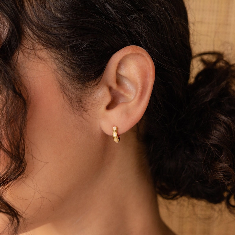Moonstone Huggie Hoop Earrings by Caitlyn Minimalist • Dainty Gemstone Stacking Earrings • Boho Moonstone Jewelry • Birthday Gift • ER411 image 1