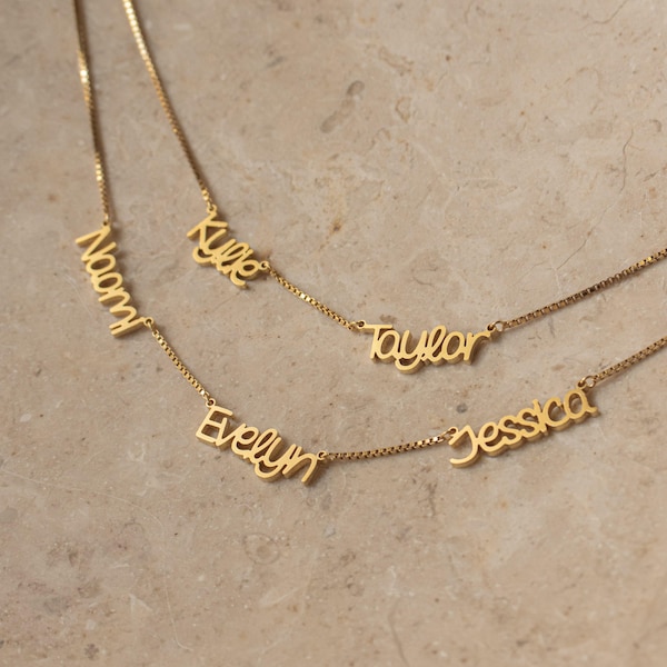 Namenskette mit mehreren Namen an einer Boxkette von Caitlyn Minimalist • Personalisierter Namensschmuck • Familienkette • Geschenk für die Ehefrau • NM91F92