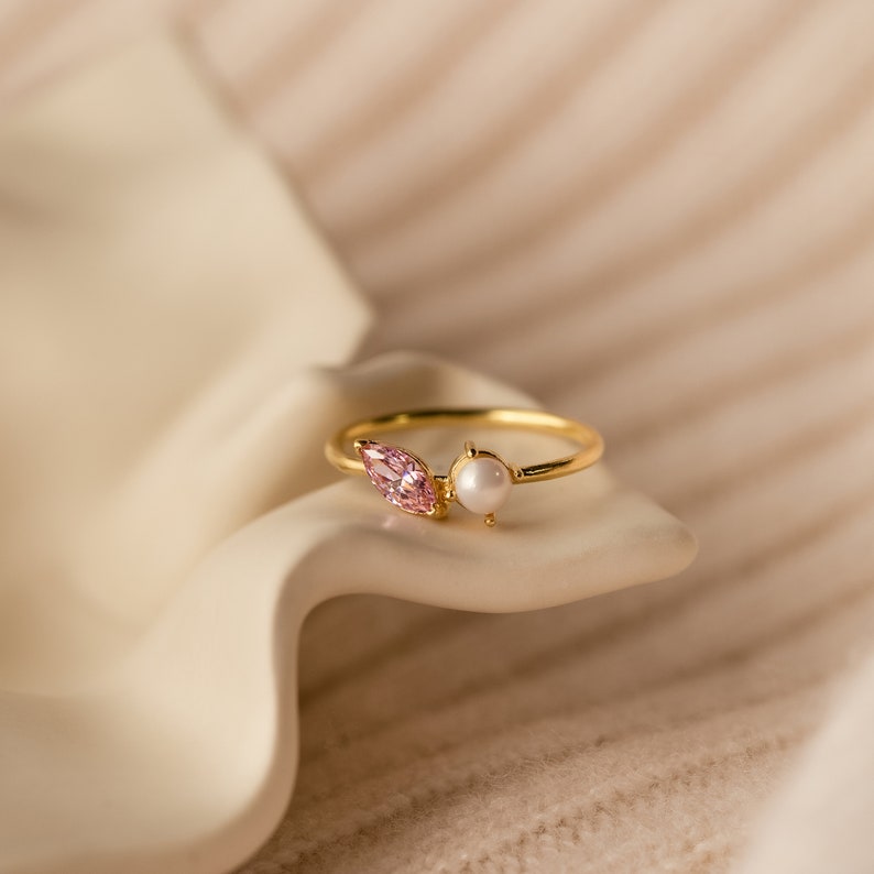 Marquise Birthstone & Pearl Ring by Caitlyn Minimalist Dainty Personalized Ring with Pearl Gemstone Anniversary Gift for Her RM109 image 4