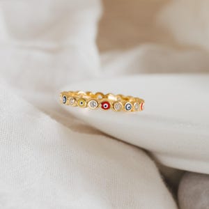 Rainbow Enamel Evil Eye Ring by Caitlyn Minimalist • Boho Stacking Ring with Dainty Diamonds • Best Friend Gift • RR053