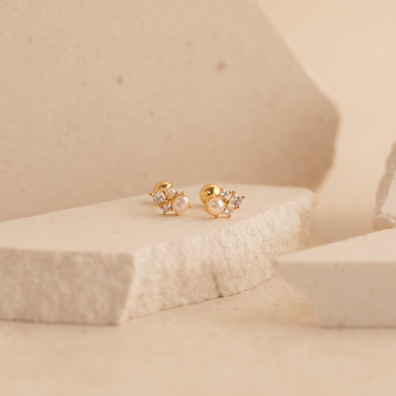 Pearl & Diamond Stud Earrings by Caitlyn Minimalist • Dainty Elegant Earrings • Wedding Earrings • Bridal Jewelry • Gift for Wife • ER298 image 7
