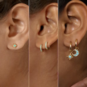 Boho Turquoise Earrings Set by Caitlyn Minimalist • Mara Dainty Studs, Kendra Huggie Earrings, Monica Star & Moon Hoops • Best Friend Gift