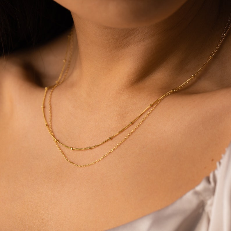 Beaded Duo Chain Necklace by Caitlyn Minimalist Gold Layered Necklace with Satellite Chain and Delicate Chain Choker Friend Gift NR079 18K GOLD
