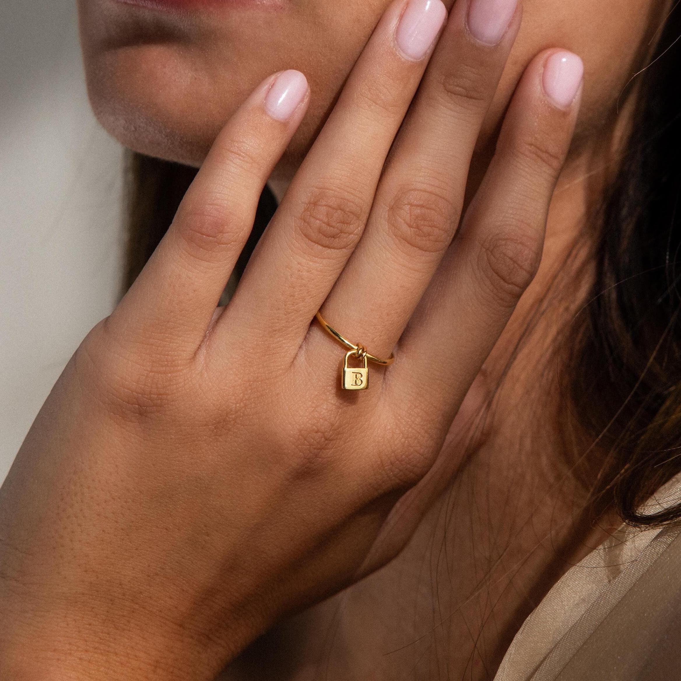 Initial Padlock Drop Ring by CaitlynMinimalist • Custom Engraved Letter Charm Ring • Dainty Jewelry • Personalized Gift for Her • RM165NIF33