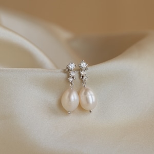 Dangling Pearl Diamond Earrings by Caitlyn Minimalist Dainty Pearl Drop Earrings Vintage Wedding Jewelry Bridesmaid Gift ER344 STERLING SILVER