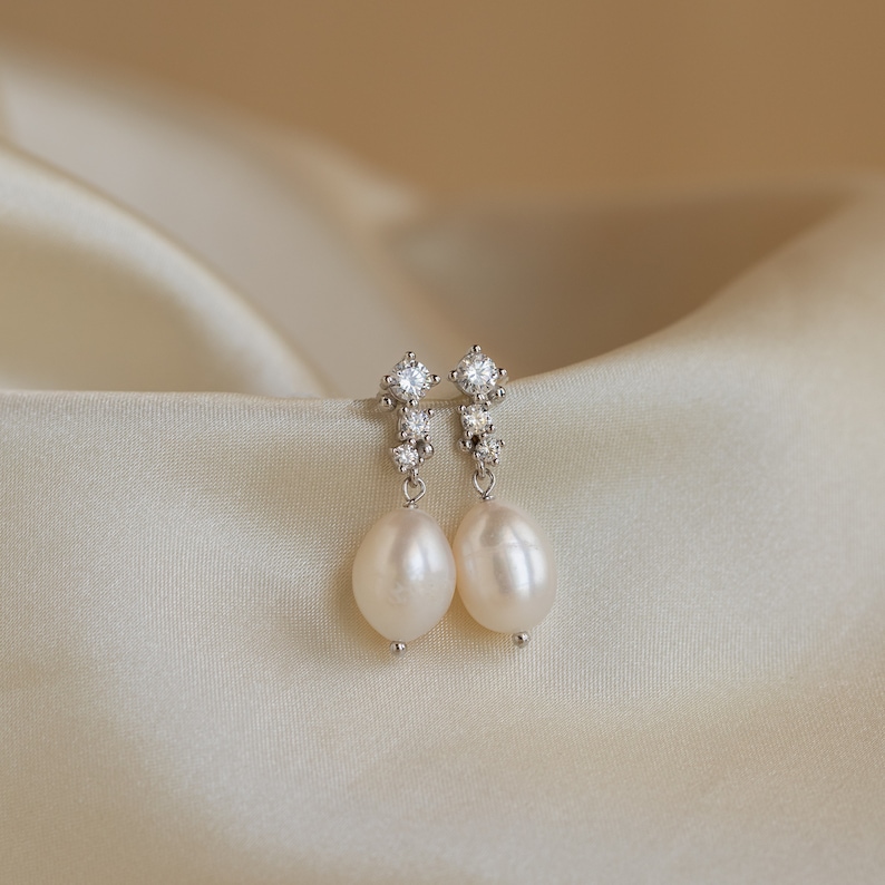 Dangling Pearl Diamond Earrings by Caitlyn Minimalist Dainty Pearl Drop Earrings Vintage Wedding Jewelry Bridesmaid Gift ER344 image 7