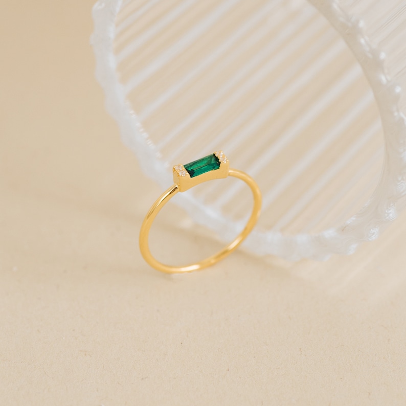 Emerald Baguette Ring by Caitlyn Minimalist Delicate Green Crystal Promise Ring for Girlfriend Romantic Anniversary Gift RR055 image 4