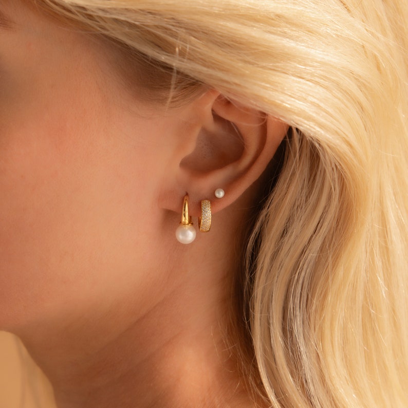 Pearl Drop Huggies by Caitlyn Minimalist Dainty Huggie Earrings in Gold Pearl Hoop Earrings Bridesmaid Jewelry Gift for Her ER370 image 9