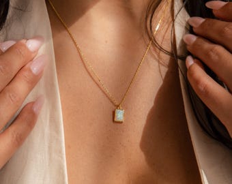 Opal Charm Necklace by CaitlynMinimalist • Dainty Pendant Necklace • Baguette Cut Gemstone Necklace • Opal Jewelry • Bridesmaid Gift • NR164