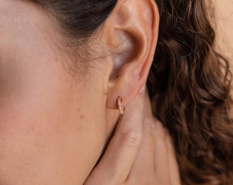 Light Pink Opal Inlay Huggies by Caitlyn Minimalist • Pink Gemstone Opal Hoop Earrings • Minimalist Jewelry for Everyday Wear • ER212