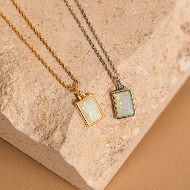 Opal Charm Necklace by CaitlynMinimalist Dainty Pendant Necklace Baguette Cut Gemstone Necklace Opal Jewelry Bridesmaid Gift NR164 image 8