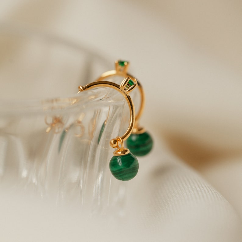 Malachite Pearl Drop Earrings  Malachite Hoop Earrings  image 1