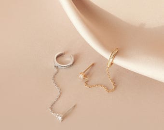 Minimalistyczne kolczyki z łańcuszkiem na ucho Pave • Wiszące kolczyki z diamentami w złocie i srebrze próby 925 • Modne kolczyki z łańcuszkiem na ucho • ER006