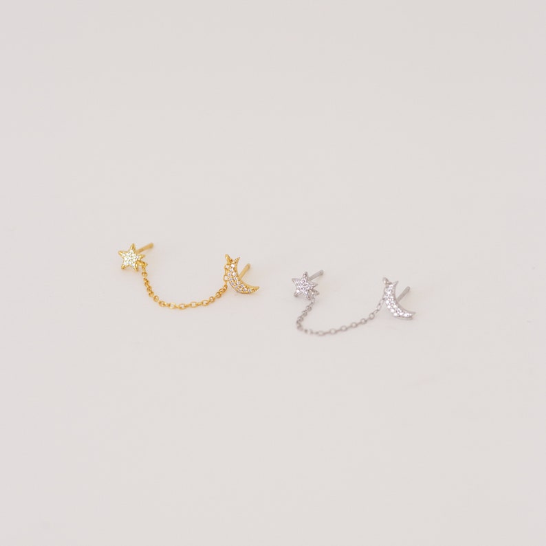 Star & Moon Chain Earring by Caitlyn Minimalist Celestial Double Piercing Stud Earrings with Pave Diamonds Girlfriend Gift ER226 image 3