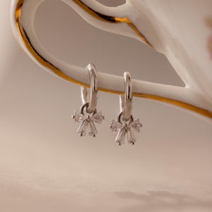 Diamond Ribbon Hoops by Caitlyn Minimalist • Dainty Crystal Bow Charm Earrings in Sterling Silver • Jewelry Gift for Her • ER733