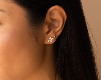 Cluster Stud Earrings by Caitlyn Minimalist • Diamond and Pearl Climber Earrings • Elegant Wedding Earrings • Bridal Shower Gift • ER277