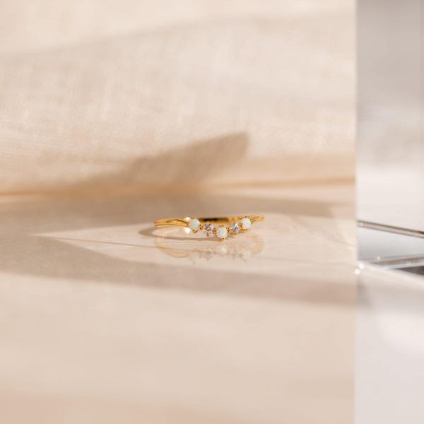 Opal and Diamond Wave Ring by Caitlyn Minimalist • Dainty Chevron Ring • Minimalist Gemstone Stacking Ring • Girlfriend Gift • RR098