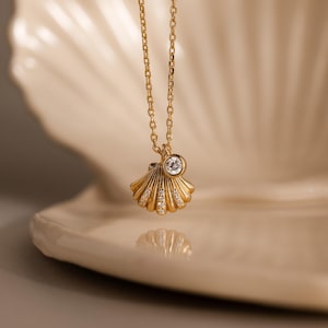 Diamond Seashell Charm Necklace by Caitlyn Minimalist • Dainty Shell & Crystal Pendant Necklace • Summer Jewelry • Best Friend Gift • NR371