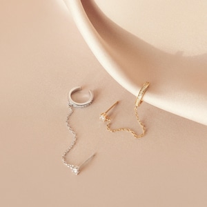 Minimalist Pave Ear Cuff Chain Earrings by Caitlyn Minimalist • Diamond Dangle Stud Earrings in Gold & Silver • Jewelry Gift • ER006