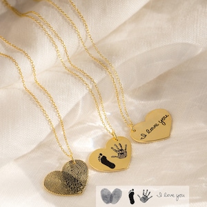 Actual Fingerprint Necklace • Engraved Fingerprint Handwriting Jewelry • Custom Heart Charm • Memorial Necklace • Mom Gift • NM32 image 1