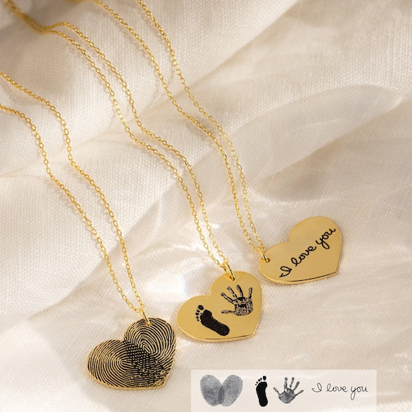 Actual Fingerprint Necklace • Engraved Fingerprint Handwriting Jewelry • Custom Heart Charm • Memorial Necklace • Mom Gift • NM32