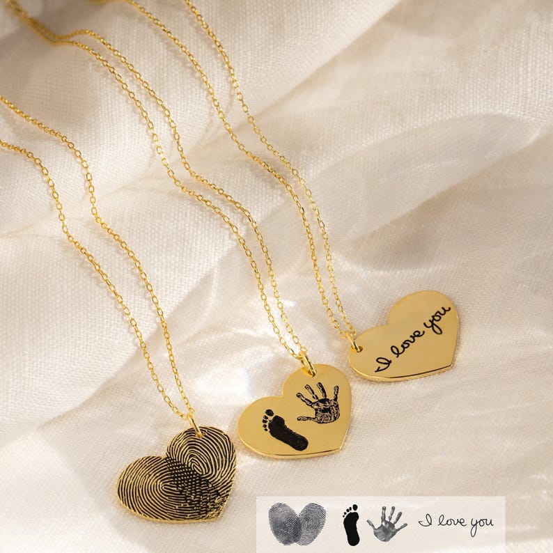 Actual Fingerprint Necklace • Engraved Fingerprint Handwriting Jewelry • Custom Heart Charm • Memorial Necklace • Mom Gift • NM32 image 1