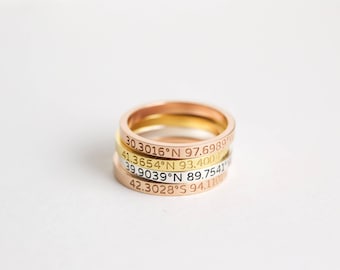 Custom Location Coordinates Ring • Dainty Coordinates Stackable Band • Latitude Longitude Ring • Personalized GPS Location Jewelry • RM22F30