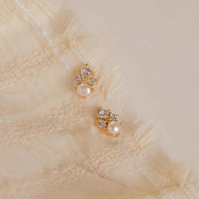 Pearl & Diamond Stud Earrings by Caitlyn Minimalist • Dainty Elegant Earrings • Wedding Earrings • Bridal Jewelry • Gift for Wife • ER298 image 2