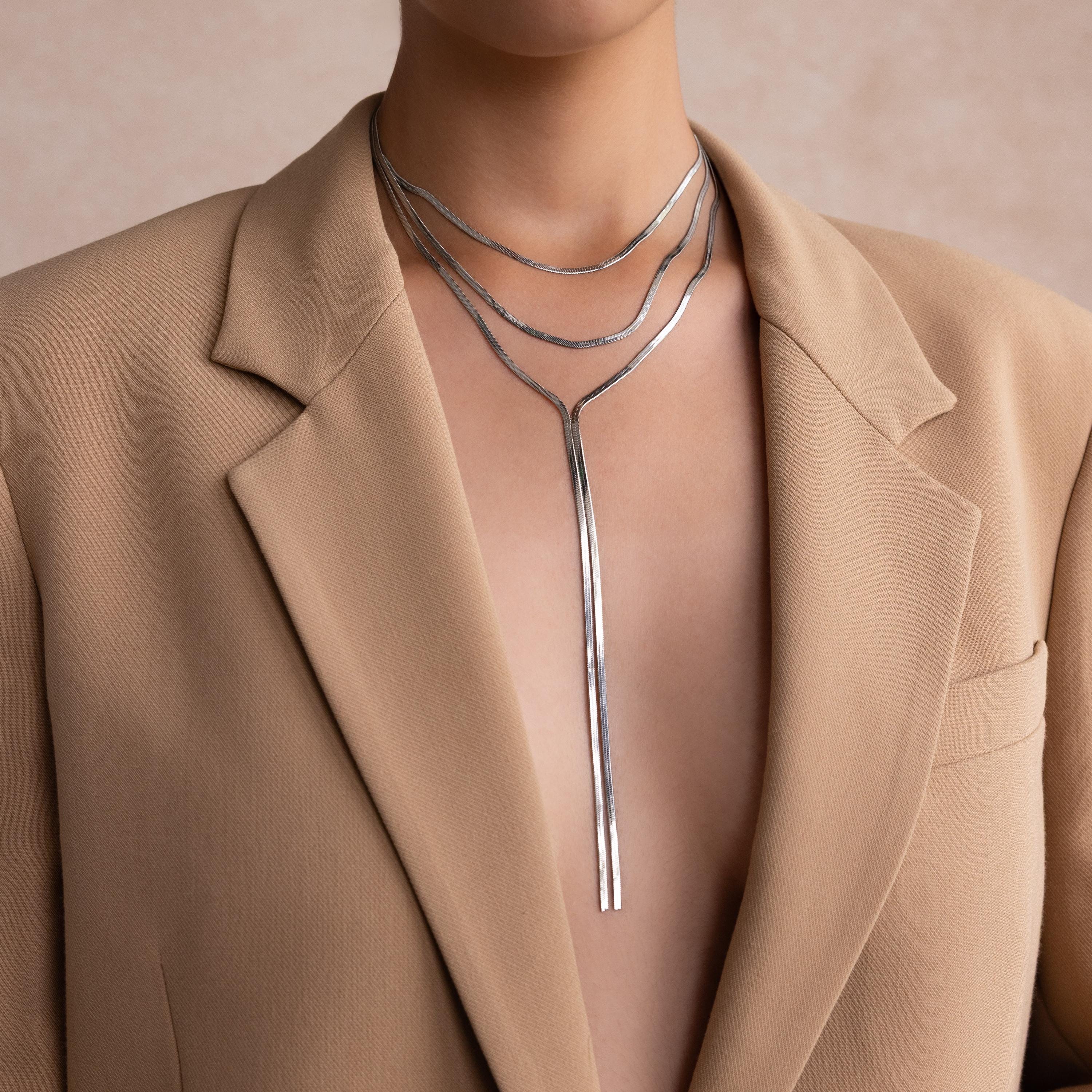 Long Y Chain Necklace by Caitlyn Minimalist • Layered Lariat Necklace • Silver Herringbone Necklace • Statement Jewelry • Wife Gift • NR263