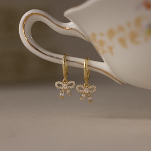 Pave Bow Drop Hoops by Caitlyn Minimalist • Dangling Crystal Bow Earrings • Dainty Ribbon Huggie Earrings • Best Friend Gift • ER814