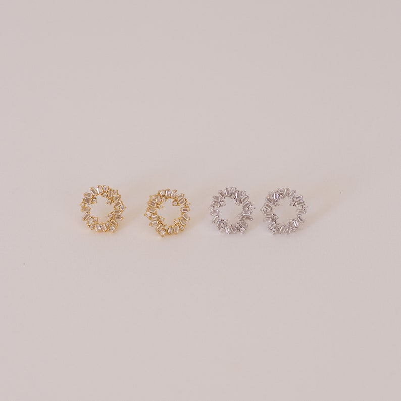 Diamond Baguette Circle Earrings by Caitlyn Minimalist Elegant Diamond Bridal Earrings, Wedding Jewelry Anniversary Gift ER253 STERLING SILVER